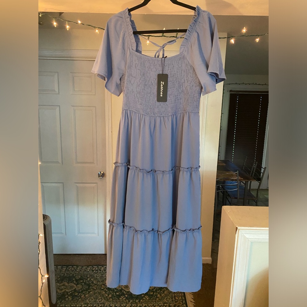 Smocked Blue Midi Dress